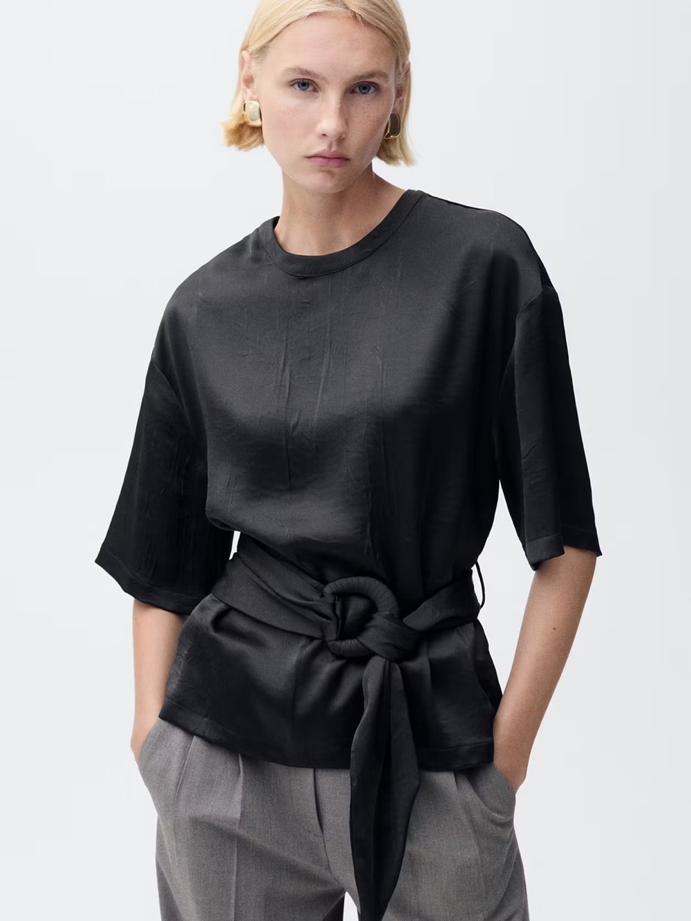 Black Satin Short-Sleeve Tie-Waist Top